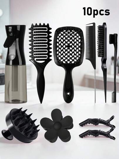 Juegos de cepillos para el cabello de 10/6/5/4/2/1 piezas, que incluyen un cepillo rizador, un cepillo para cardar el cabello, un peine de cola de rata, un cepillo para bordes, pinzas para el cabello con flores, pinzas de cocodrilo, un cepillo de masaje de silicona para el cuero cabelludo y champú (apto para usar en la ducha), una botella rociadora de 200 ml