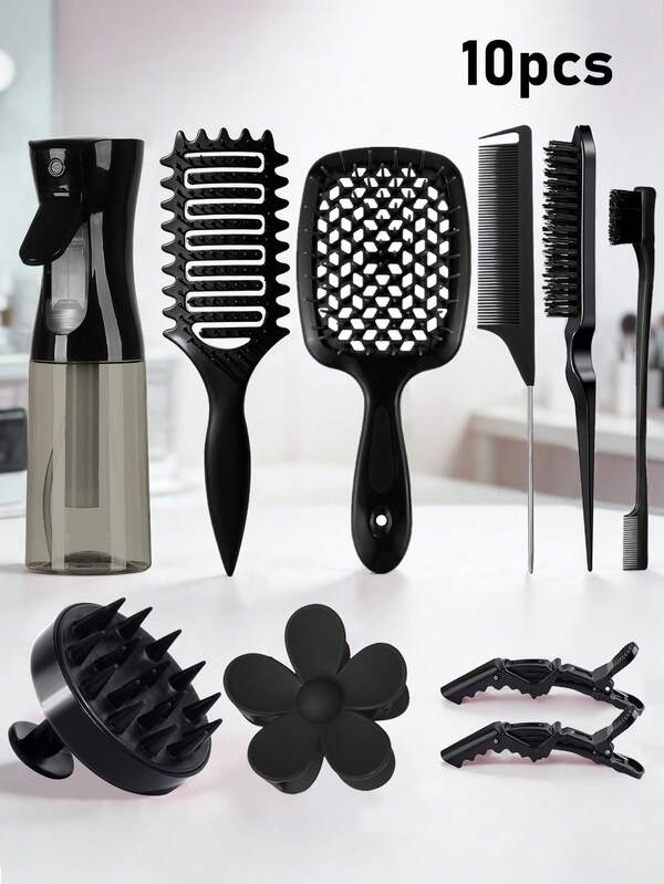 10/6/5/4/2/1Piece Hairbrush Sets, Including A Curling Brush, Teasing Hair Brush, Rat Tail Comb, Edge Brush, Flower Hair Clips, Alligator Clips, A Silicone Scalp Massage Shampoo Brush(Suitable For Use In The Shower), A 200ml Spray Bottle