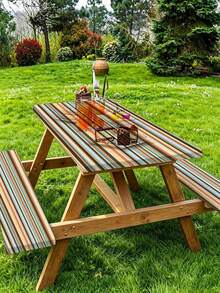 3 Pieces Picnic Tablecloth Set With Bench Cover, Elastic Edge Design, Striped Pattern, Washable Rectangular Tablecloth, Suitable For Weddings, Camping, Picnics, Garden Parties And More, Practical Essential - E - View 4