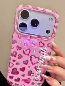 Personalized Engraved Rhinestone Name Stylish Full Screen Sequins Pink Hearts Solid Color Phone Case Compatible With IPhone 17 Pro Max 17 Pro 17 16 Pro Max 16 Pro 16 15 Pro Max 15 Pro 15 14 Pro Max 14 Pro 14 13 Lovely Sweet Shockproof Protective Cover - Pink - View 2