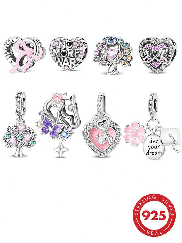 1PC Pink Sweet Romantic 925 Sterling Silver Heart,Tree,Flower,Butterfly Charm Beads Pendant Fit DIY Bracelet For Women Birthday Valentine Jewelry Gift