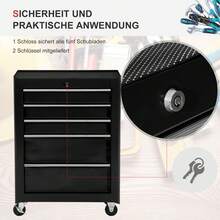 HOMCOM Workshop Trolley 5 Drawers Tool Trolley Empty Lockable Black | 4 Wheels, 2 Locking Brakes, 2 Keys, Ball-Bearing Drawer Slides - 黑色 - 查看 4