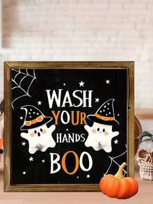 Charming "Wash Your Hands" Theme Halloween Wooden Sign | Rustic Style 20.32x20.32 Cm Framed Decor, Featuring Cartoon Ghosts And Pumpkins | Durable, Fade-Resistant, Suitable For Home, Bathroom, Living Room | Ideal Autumn Gift And Halloween Decoration - Multicolor - View 5