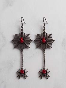 1 Pair Dark Red Eye Spider Web Long Tassel Earrings, Gothic Vintage Style, Distressed Black Gold Chain + 3D Spider Web Pendant, Cool Girl Accessory For Halloween Party, Gift And Holiday Celebration - Black - View 3