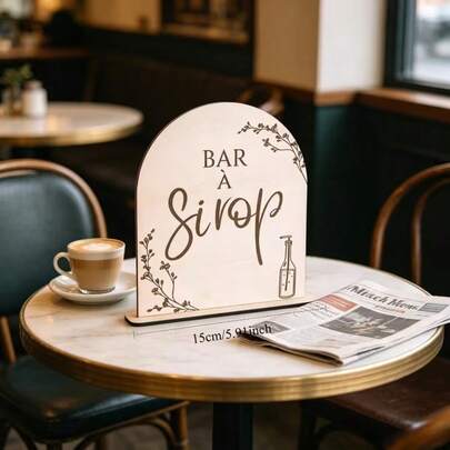 1pc 2D Flat Wooden Desktop Sign, Natural Light Wood Base Color, Laser Engraved French "BAR À Sirop" With Delicate Floral Branch And Syrup Bottle Line Art, Gentle Minimalist French Country Style. Smooth Rounded Edges, Stable Base Support, Suitable For Coffee Shops, Bakeries, Breakfast Parties, Dessert Tables, Syrup Beverage Area Wooden Decorative Sign, No Electricity Required
