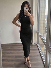 Teen Girls' Plain Knit Sleeveless Bodycon Dress With Ruched Design (YY590) - Black - View 1