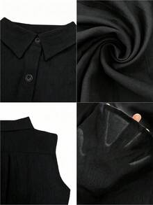 Women's Fashionable Elegant Sleeveless Collared Shirt, Versatile Loose Casual Commute Camisole Top, Semi-Sheer Solid Color Button Front Daily Wear - Black - View 7