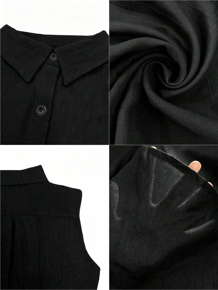 Women's Fashionable Elegant Sleeveless Collared Shirt, Versatile Loose Casual Commute Camisole Top, Semi-Sheer Solid Color Button Front Daily Wear - Black - View 7