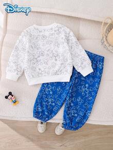 Disney 2pcs/Set Autumn Mickey Line Doodle Print Long Sleeve Ribbed Sweatshirt And Elastic Waist Simple Line Pattern Sweatpants Outfit, Cartoon Graphic, Slightly Stretchy, Suitable For Baby Toddler Newborn Daily Wear, Spring Gift - Blue - View 2