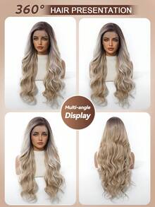 Ombre Grey Brown Wavy 13*4 Lace Front Wig, Pre-Plucked Natural Hairline With Baby Hair, Heat-Resistant Synthetic Fiber Glueless Natural Look Long Curly Wig 26 Inch - Brown Ombre - View 12