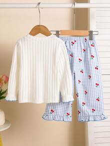 2pcs/Set Autumn Baby Girl Fresh Cherry Embroidered Textured Long Sleeve T-Shirt And Elastic Waist Blue And White Plaid Fruit Series Print Ruffle Hem Wide Leg Pants Outfit, Soft And Cozy For Spring - Blue - View 2