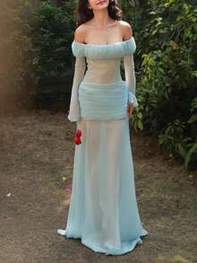 Top Dazzle Women's Casual Elegant Knit Open Shoulder Long Sleeve Fitted Backless Maxi Dress, Suitable For Prom - Blue - View 2