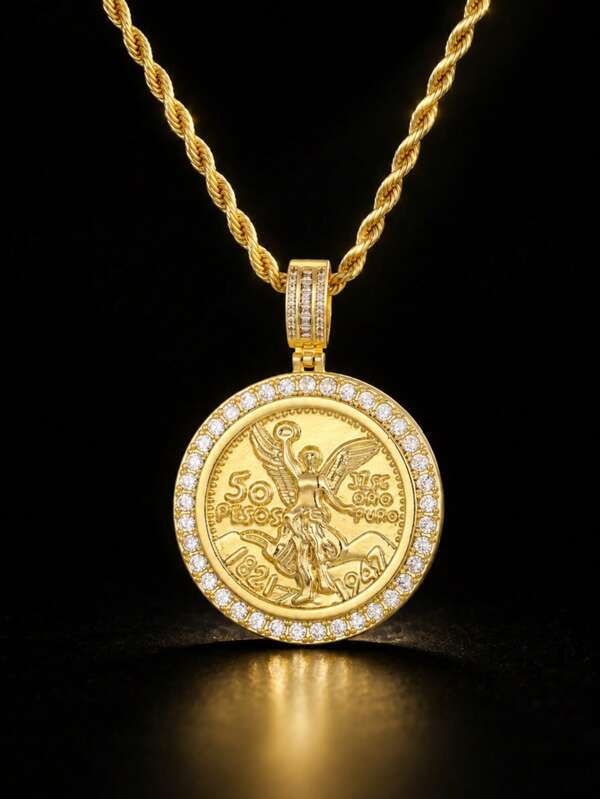 Gold & Silver Dual-Tone Zirconia Inlaid 50 Pesos Angel Coin Pendant With Twisted Rope Chain Necklace, European & American Vintage Hip-Hop Style, Unisex Luxury Personalized Commemorative Neck Accessory