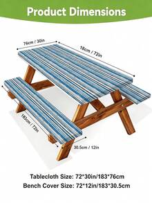 3 Pieces Picnic Tablecloth Set With Bench Cover, Elastic Edge Design, Striped Pattern, Washable Rectangular Tablecloth, Suitable For Weddings, Camping, Picnics, Garden Parties And More, Practical Essential - A - View 3