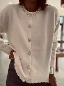 Happyevery Cardigan Rajut Bergelombang Leher Bulat dengan Hiasan Rumbai dan Mutiara untuk Wanita Musim Gugur/Dingin - Aprikot - View 7
