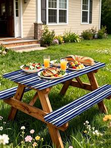 3 Pieces Picnic Tablecloth Set With Bench Cover, Elastic Edge Design, Striped Pattern, Washable Rectangular Tablecloth, Suitable For Weddings, Camping, Picnics, Garden Parties And More, Practical Essential - E - View 5