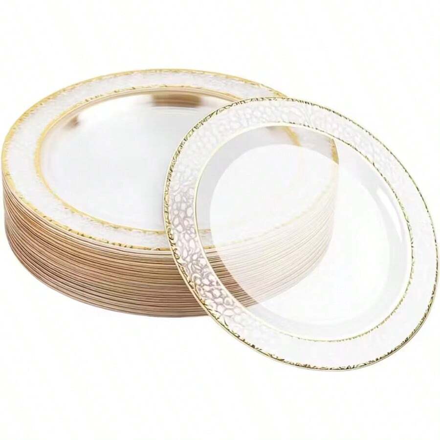 50/25/20/10pcs Transparent Gold Rim Plates/Trays Set, 7.5"/10.25" Reusable Plates, Food Trays, Fruit And Snack Platters, Dessert And Salad Plates, Cheese And Candy Trays, Multi-Purpose Tableware For Parties, Weddings, Birthdays, Picnics, Holiday Events, Easy To Clean And Durable, Suitable For Elegant Home And Event Table Settings.