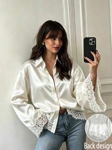 Women's Spring/Autumn Glossy Satin Lace Trim Turn-Down Collar Button-Up Flared Sleeve Asymmetrical Hem Cinched Waist Long Sleeve Blouse - White - View 2