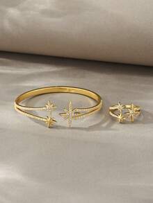 金色六角星手鍊套組，多功能紋理銅材質鑲嵌鋯石，適合日常穿戴、聚會、約會、派對，適合作為禮物 - 金色 - 查看 3