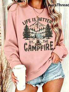 Suéter gráfico de campamento para mujer - "La vida es mejor junto a la fogata" Diseñ de montaña y árbol de pino, suéter de cuello redondo cálido para otoño e invierno, de elastici - Rosa 3 - Ver 3
