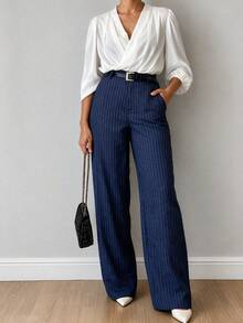 Women's Striped Pocket Casual Versatile Minimalist All-Season Commute Office Loose Straight Leg Pants - Navy Blue - View 3