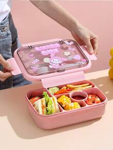 3pcs Pink Lunch Box Set, PP Material Bento Box, Cute Cartoon Print Portable Meal Box, Food Storage Container, Suitable For Students And Office Workers To Carry Meals - Pink - View 1