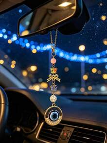 Rhinestone Evil Eye Car Rearview Mirror Hanging Ornament, Turkish Evil Eye Full Rhinestone Car Pendant, Pink Crystal Bead Bowknot Chain Rearview Mirror Decorative Hanging Accessory - Demon - View 9