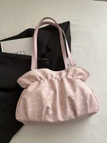 1pc Pink Large Capacity Polka Dot PU Pleated Tote Bag Women's Shoulder Bag - Pink - View 5
