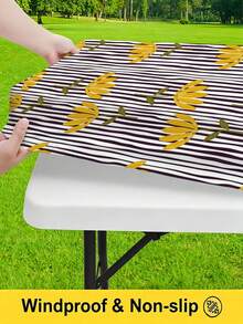 3 PiecesPicnic Tablecloth Set With Bench Cover, Elastic Edge Design, Line & Floral Pattern, Matching Floral Pattern, Washable Rectangular Tablecloth, Suitable For Weddings, Camping, Picnics, Garden Parties And More, Practical Essential - C - View 6