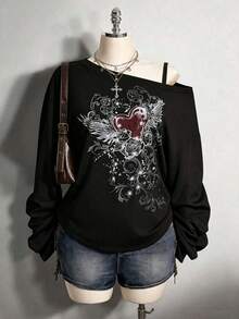 2026 Summer Collection,Retro Gothic Plus Tee: Distressed Skull & Rose, Y2K Punk Style, Sizes S-7XL, Ships 24H - Black 4 - View 7