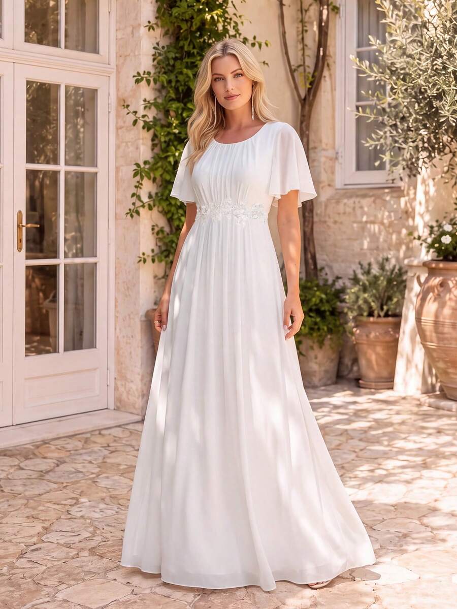 EVERPRETTY 優雅女款白色婚禮正式長洋裝 荷葉袖 刺繡腰部 百褶A字裙 新娘母親禮服 秋季 - 白色 - 查看 1