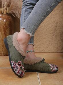 New Chinese Bohemian Style Embroidered Floral Short Boots For Women, Vintage Frog Button Patchwork Flat Slip-On Ankle Snow Boots For Outdoor Wear - Army Green - View 8