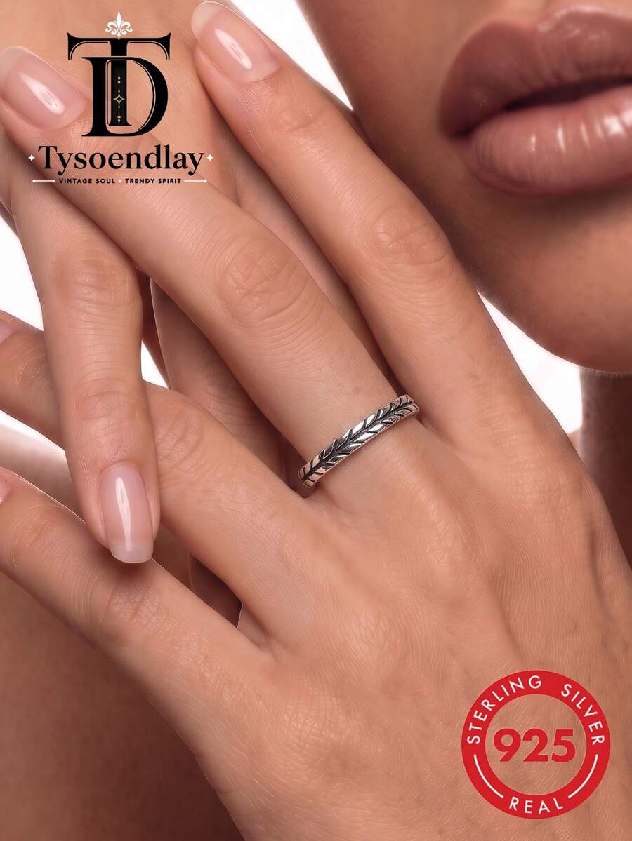 Tysoendlay 1 pieza Anillo de plata de ley 925 con hoja de trigo vintage, anillo de banda lisa apilable, anillo personalizado de estilo victoriano oxidado hecho a mano, uso diario, regalo unisex, Halloween - Plata antigua - Ver 1