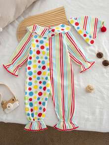 1pc Baby Girl Holiday Long Sleeve Peter Pan Collar Striped Polka Dot Print Jumpsuit Thin Spring Autumn With Hat - Multicolor - View 2