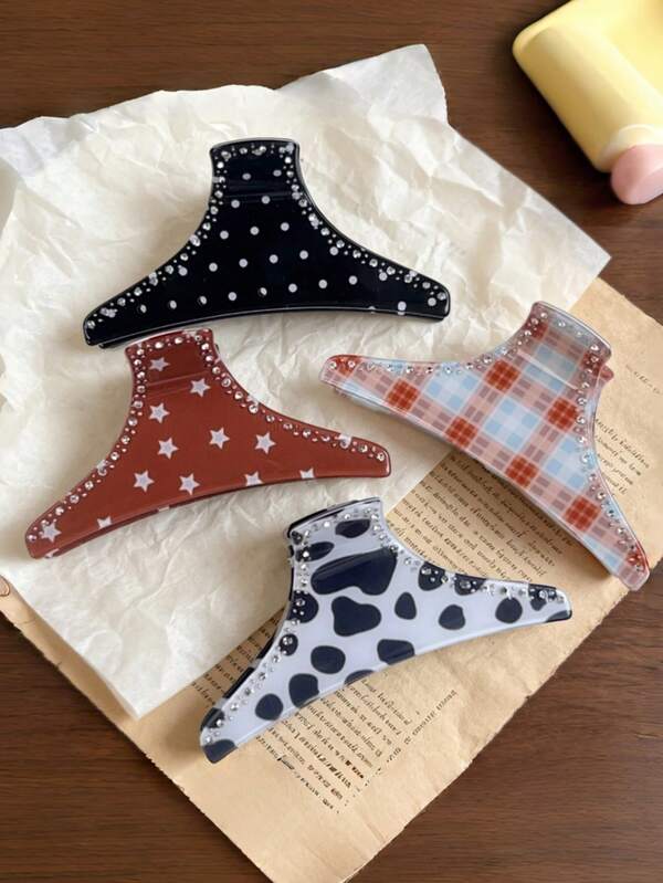 1pc Polka Dot Casual Acrylic Sweet Triangle Claw Clip Rhinestone Simple Hair Clip Plaid Polka Dot Hair Accessory Back Of Head Bun Hair Claw For Women