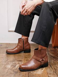 Men's High-Top Boots With Buckle, Pointed Toe Ankle Boots, European And American Runway Classic Versatile Chelsea Boots, Global New Style - Brown - View 3