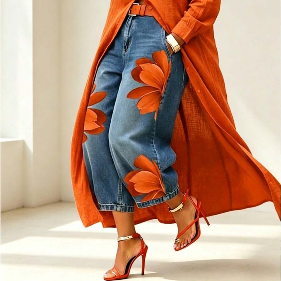 Pantalones vaqueros de moda para mujer, cintura alta, estampado de flores rojas, pierna ancha holgada - Naranja - Ver 1
