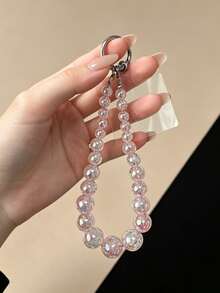 3pcs Y2K Pink Iridescent Beaded Phone Charm, Shiny Gradient Pink Beads Phone Lanyard, Sweet Pink Wrist Strap - Multicolor - View 3