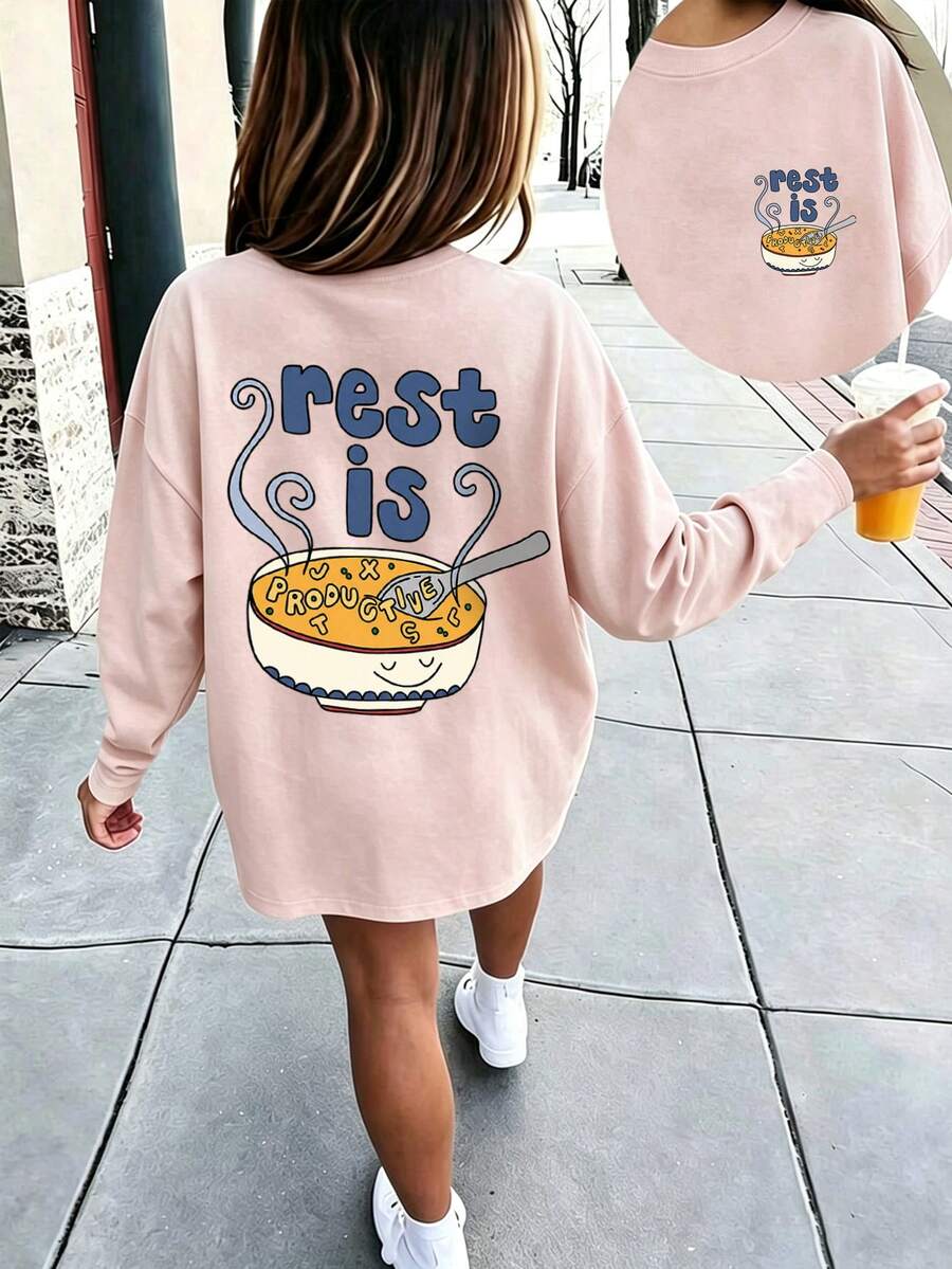 Cute "Rest Is Productive" Bowl Graphic Long Sleeve T-Shirt, Cartoon Food Print Crew Neck Casual Fall Tee - Pink - View 1