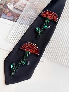 Black Handmade Beaded Floral Tie, Red & Green Rhinestone Flower Decor, Niche Aesthetic Shirt Skinny Tie - Red Double Flowers - View 7