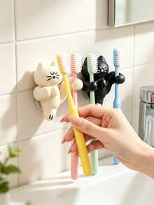 1pc Cute Cat Shaped Wall Mounted Rack, Multifunctional Toothbrush Holder & Cable Management Clip, No Need For Drill Bit Adhesive Hook For Bathroom Sink, Desktop Charging Cable Storage, Cat Lover Gift, Space Saving Home Wall Organizer - Multicolor - View 2