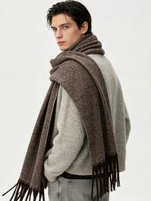 Low-Key Premium Solid Color Men's Long Fur Scarf, Thick Soft Fabric, Intellectual Style Daily Wear Warm Neck Warmer, Oversized Wide Shawl - Coffee and Cream - View 2