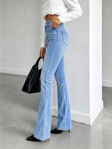 Women's Casual Washed Denim Tapered Pants, With Pockets, Medium Stretch, Long Length, Suitable For Daily Wear Vacation Fall - Light Wash - View 4