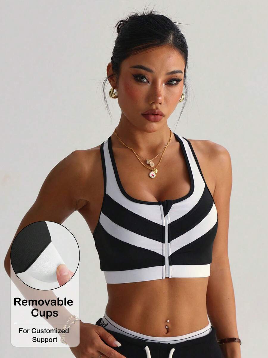 Women's Solid Black & White Patchwork Zipper Collar Sleeveless Sports Knit Bra - Black and White - View 1