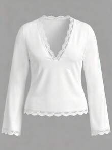 Women's V-Neck Lace Patchwork Long Sleeve Top - White - View 6