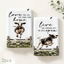 2pcs Cow Daisy Pattern Kitchen Towels, Vintage Western Country Farmhouse Style Soft Fabric Rectangular Text Print Hand Towels, Suitable For Equestrian Enthusiasts, Country Kitchen, Home Gatherings, Home Decor 4/6/8pcs Set - Multicolor - View 8