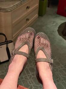 Women's Taupe Mary Jane Ballet Flats, Rhinestone Hollow Mesh Upper, Round Toe, Adjustable Side Buckle Strap, Textured Trim - Grey - View 9