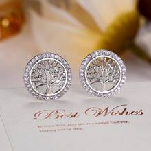 1 Pair Round Tree Of Life Hollow Stud Earrings With Rose Red Rhinestone Circle Surround, Exquisite Niche Elegant Gift Decorative Earrings For Women - Earrings - View 11