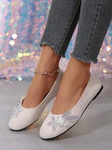 Women's Flat Shoes With Rhinestone Square Buckle, Soft Sole, Non-Slip, Versatile Round Toe, All-Season Wear - White - View 2