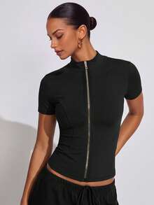 VUTRU 1pc Women's Fitted Short Sleeve Sports Jacket With Zipper Stand Collar, Running And Fitness Black - Black - View 4